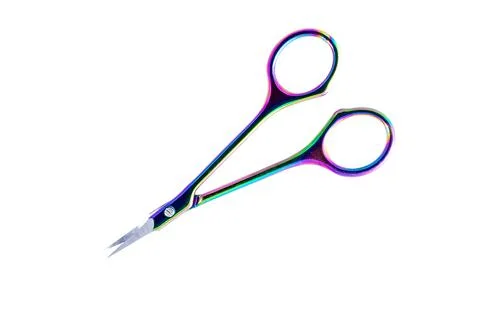 Small iridescent scissors with sharp blades and finger loops on a white bac.. Stock Photos