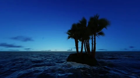 Small island with palm trees in the ocean, sunrise.3D rendering Stock Footage 199866236