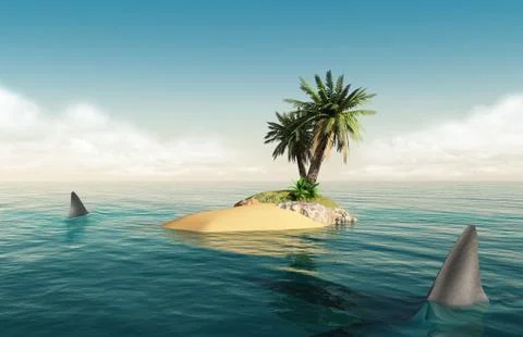 Small island with sharks Stock-Illustration