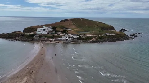 Small Island Surrounded by Beach and Ocean Waves Aerial View Stock Footage 342294471