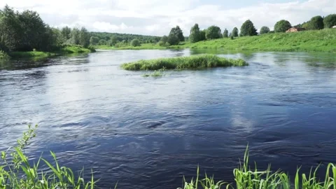 The small island is surrounded by grass Stock Footage 145348475
