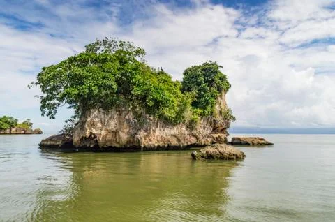 Small islands, cliffs, turned over with water, covered with green vegetation, Stock Photos