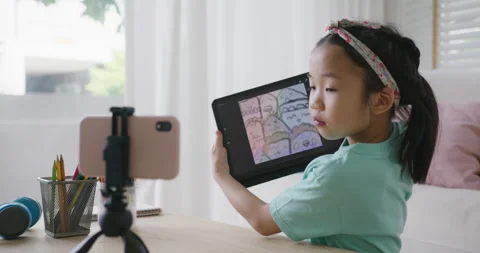 Small kid artist fun sharing paint doodle art for content creator. 스톡 동영상 165460295