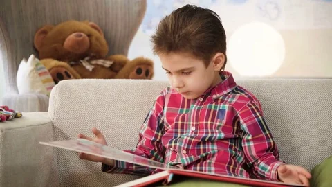 Small kid boy opens and examines book with colorful illustrations with bright Stock Footage 78708284