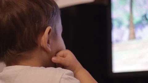 Small kid is watching cartoons at the computer at home Stock Footage 148527037