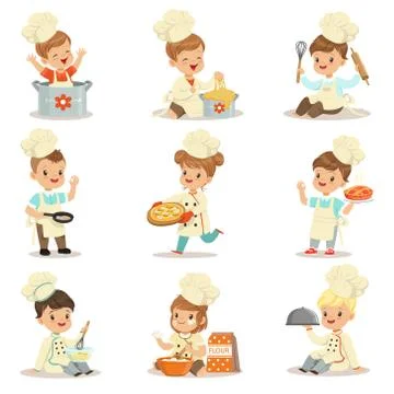 Small Kids In Chief Double-Brested Coat And Toque Hat Cooking Food And BAking イラスト素材