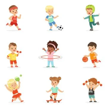 Small Kids Playing Sportive Games And Enjoying Different Sports Exercises Stock Illustration