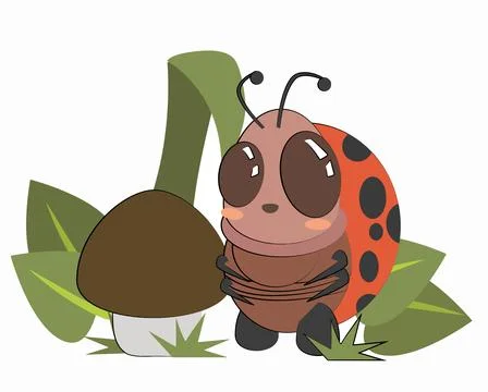 A small ladybug sits on a leaf in front of a mushroom on a spring day. Stock Illustration