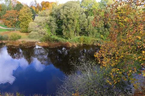 Small lake with reflected white clouds and trees with colorful autumn leaves Stock Photos