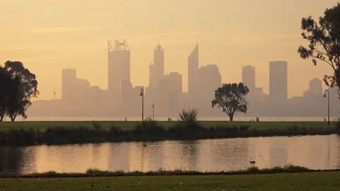Small lake reflects trees and misty city outline in golden bathed in low light. Stock-Footage 134431031