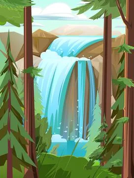 Small landscape with waterfall among rocks. Cascade shimmers downward. Among  イラスト素材