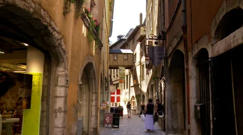 Small lane lined with shops in Chambery France Stock Footage 34862282