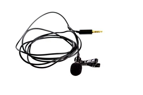Small lavalier microphone or lapel mic with clip on white background. Stock Photos