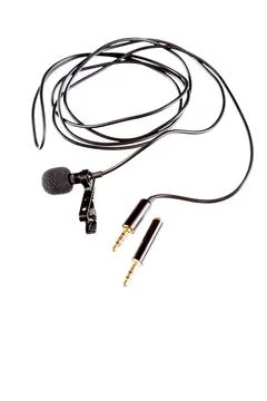 Small lavalier microphone or lapel mic with clip and adapter for computer Stock Photos