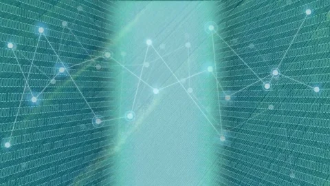 Small left node cluster appearing, glowing nodes expanding across central Video stock 334242406
