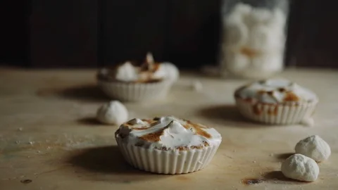 Small Lemon curd cake with meringue burnt Stock Footage 96114380