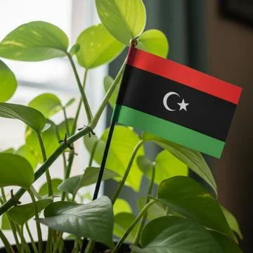A small Libyan flag is planted in a green plant with large leaves in a pot indoo Stock Photos