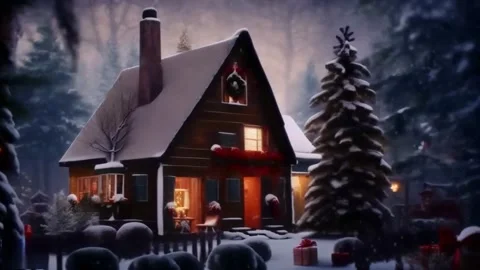 A small lighted house, covered with snow in the woods, with trees, Christma.. Vídeos de archivo 255894037