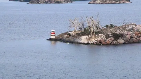 Small lighthouse and trees with birds on island in Sweden, aerial view Stock Footage 182460256