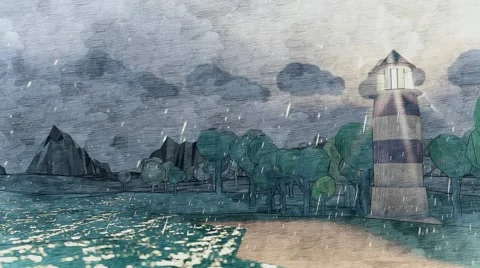 Small lighthouse Dark raining day Cartoon lowpoly Stock Footage 57321139