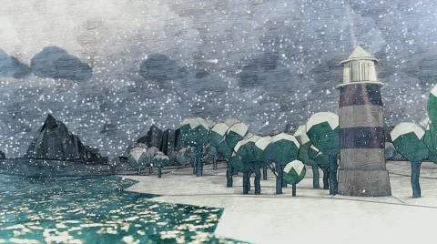 Small lighthouse Wintertime snowfall Cartoon lowpoly Stock Footage 57321111