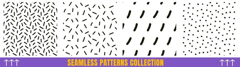 Small line scribble in seamless pattern set with scattered polka dot and dash. Stock Illustration