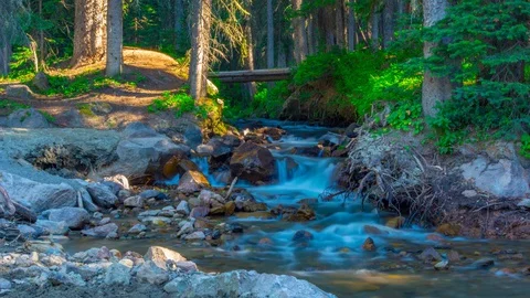 Small Log Foot Bridge Over Smooth Mountain Stream Pan In Time Lapse Timelapse Stock Footage 129008778
