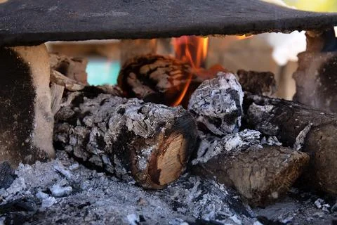 Small logs burn beautifully under a round iron. Stock Photos