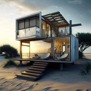 Small luxury modern beach house. Beach house. Modern architecture. Villa by.. Ilustración de archivo