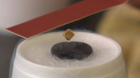 Small magnet levitating above a superconductor cooled by liquid nitrogen 動画素材 99055964