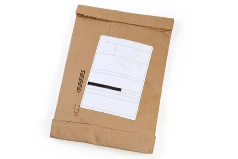 Small mail package with blank paper sticker on white background 스톡 사진