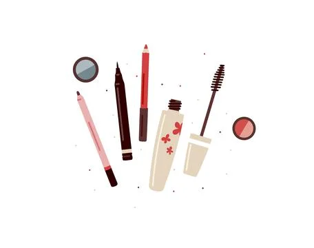 Small makeup set of lip pencil,eyeliner,eye shadow and mascara in vector Stock Illustration