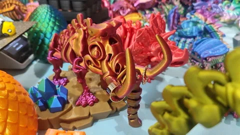 Small mammoth skeleton printed 3D printer from molten plastic of pink and orange Stock Footage 303954966