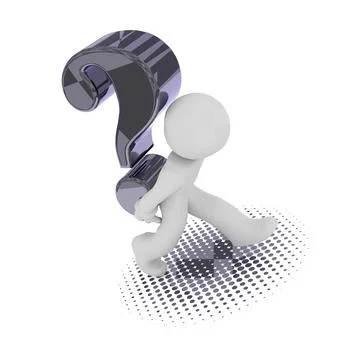 Small man with a big steel question mark, 3d rendering Stock Illustration