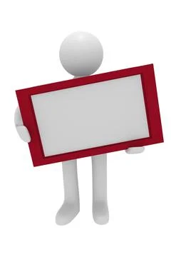 Small man with a red framed blank board on white, 3d rendering Stock Illustration