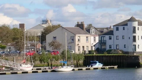 Small marina on River Ayr, Ayr, Ayrshire, Scotland, UK Stock Footage 285649502