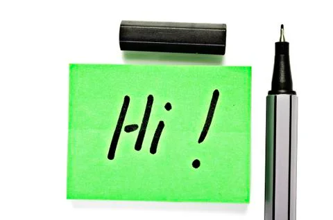 Small memo note with black pen - saying hi Stock Photos