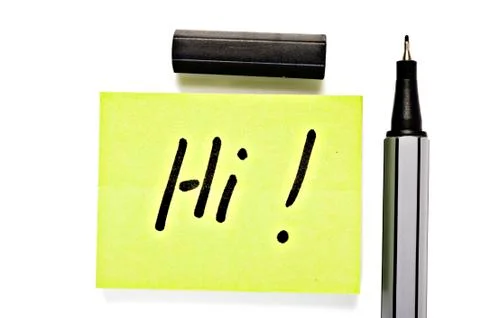 Small memo note with black pen - saying hi Stock Photos