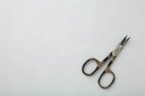 Small metal manicure scissors on grey background with copy space Stock Photos