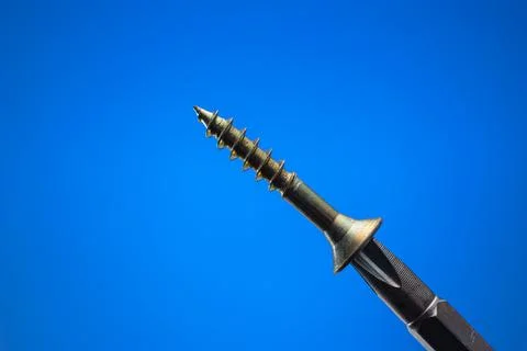 Small metal threaded screw held by screwdriver magnetic head. Close up studio Fotos de archivo