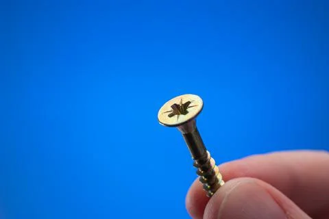 Small metal threaded screw held by Caucasian male hand between fingers. Close Fotos de archivo