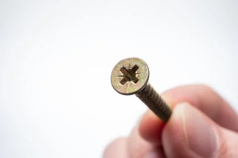 Small metal threaded screw held by Caucasian male hand between fingers. Close Photos