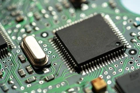 Small microprocessor, microcontroller chip on a generic modern desktop PC c.. Stockfoto's