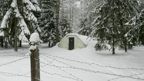 Small military old bunker surrounded by barbed wire in winter forest Stockbeeldmateriaal 101588599