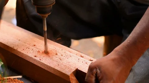 The Small Milling Machine Making Hole In Log Stock Footage 90092629