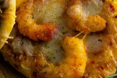 Small mini pizza. Set of different mini pizzas. Pizza: with shrimp, with mush Stock Photos