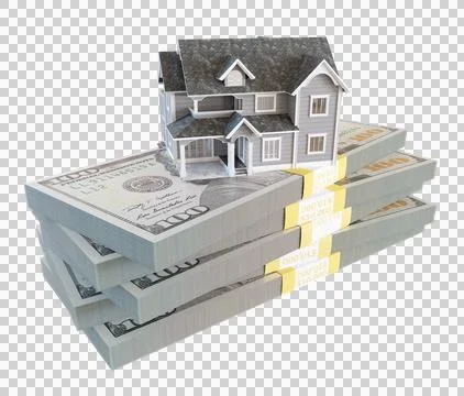 Small Miniature House Resting on Stack of Thousands of Dollars Cash Isolate.. Stock Photos