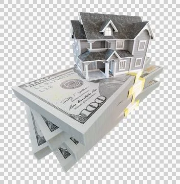 Small Miniature House Resting on Stack of Thousands of Dollars Cash Isolate.. Stock Photos