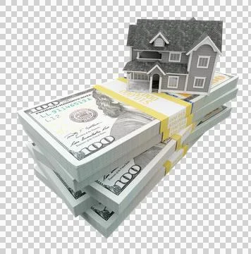 Small Miniature House Resting on Stack of Thousands of Dollars Cash Isolate.. 스톡 사진