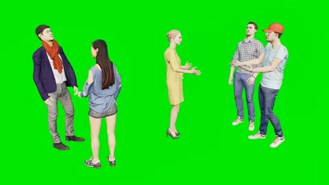 Small mixed group of people talking in set on a 3d animated green screen Video stock 329596918